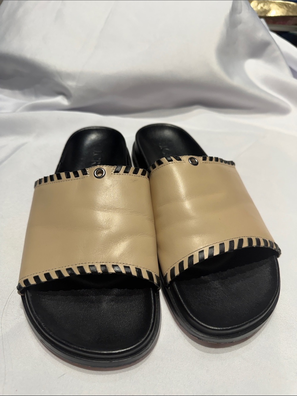 J. Crew Beige and Black Slide Sandals
